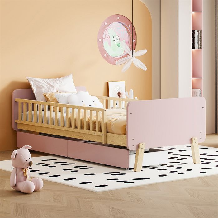 Lit enfant 90x190 en bois massif avec sommier à lattes et 2 tiroirs – Rose