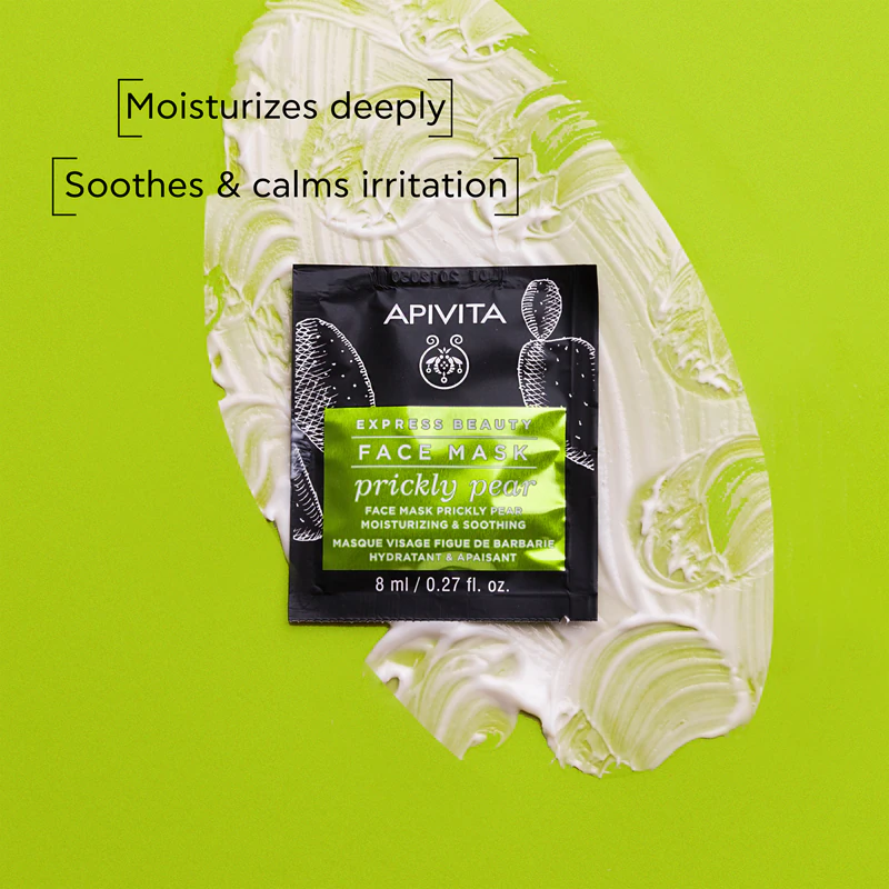 Máscara facial hidratante Apivita Express Beauty com aroma de figo da Índia e propriedades hidratantes.