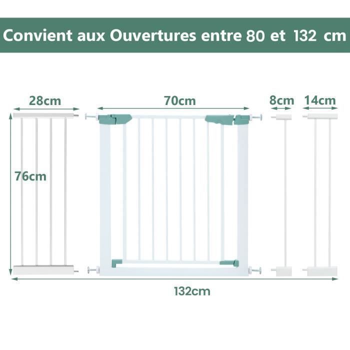 COSTWAY Barrière de Sécurité Bébé Extensible Large 80-132 cm Double Verrouillage Fermeture Automatique par Pression sans Perçage