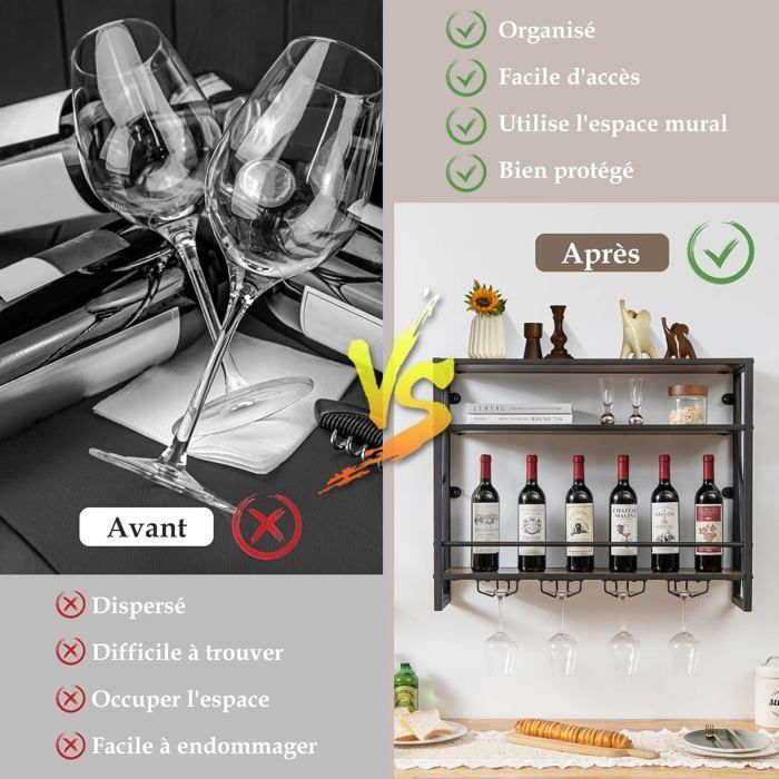 COSTWAY Casier à Vin Mural Industriel à 3 Niveaux avec Porte-gobelet en Métal, Étagère de Rangement pour Cuisine Bar Salle à Manger
