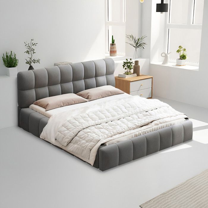 Lit 140 x 190 avec tête de lit et sommier, lit double Rembourré lit au sol, cadre de lit 140x190 avec sommier, lin, gris