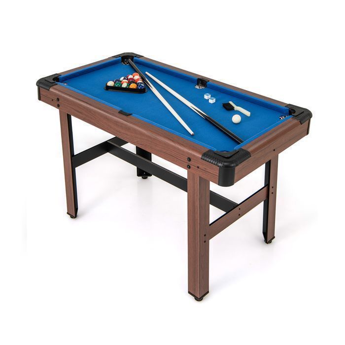 Mesa de billar compacta COSTWAY de 122 cm - 16 bolas - 2 tacos - Triángulo - Cepillo - 2 tizas - Superficie de terciopelo - Patas ajustables - Azul