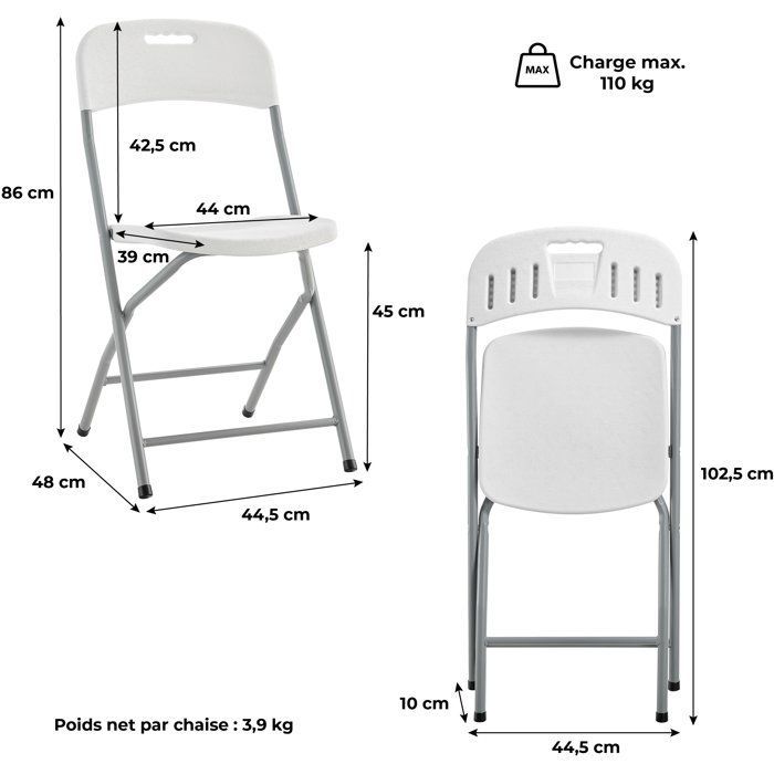 Lot de 2 chaises de réception pliantes - TERRANOVA - 48x44,5xH86 cm - Structure en acier et assise en Polyéthylène PEHD - Blanc