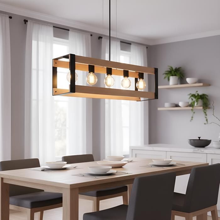 Suspension - NETTLIFE - 5 Flammes - Noir - E27 - Bois/Metal - Scandinave Moderne