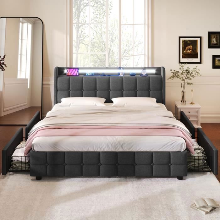 Cama de 160 x 200 cm con 4 cajones, cama doble tapizada de 160 x 200 cm con puerto de carga USB, iluminación LED, base de láminas de madera, lino, gris