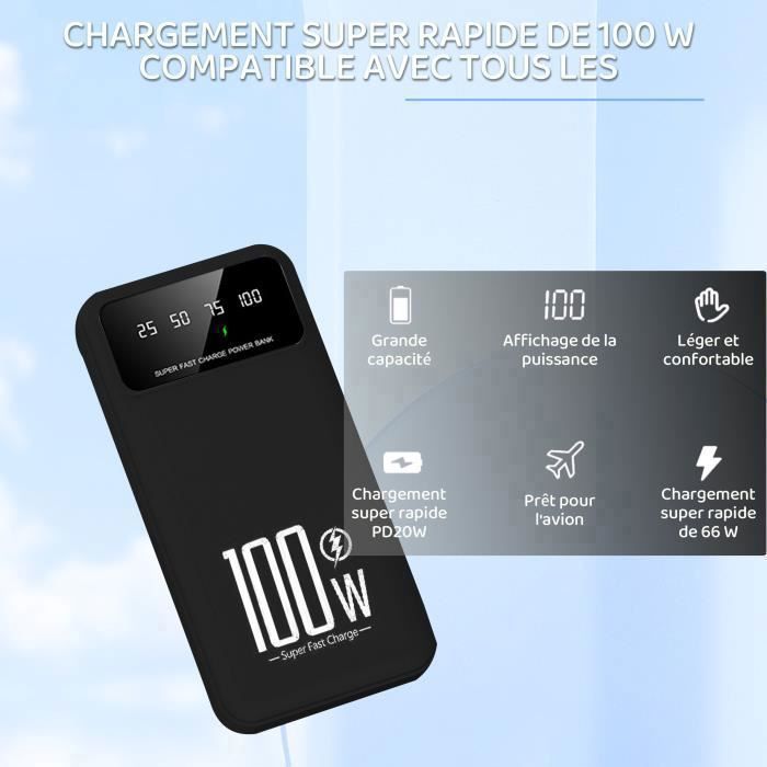 Portable Batterie Externe 20000mAh , 22.5W Charge Rapide, 4 Ports, avec Affichage LED et Lampe, pour Smartphone Tablets - Noir