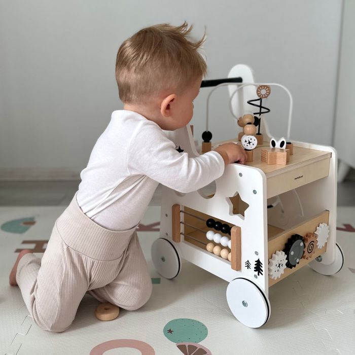 Trotteur Bébé Bois  Montessori Mamabrum 6-en-1- Table d'Activité Bois- Boulier, Trieur de Formes, Boucles de Motricité