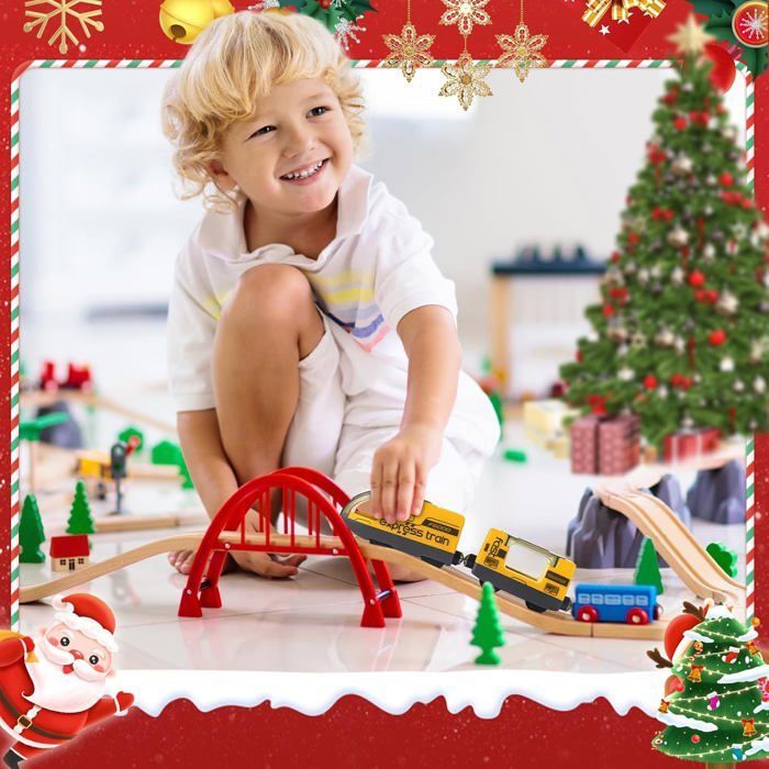 Remote Controlled Electric Train for Wooden Tracks, Motorized Train with 4 Sound and Light Effects for Children Ages 3, 4, 5+