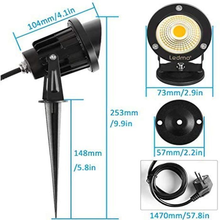 Paquete de 4 focos LED exteriores de 9 W con estacas, 3000 K-3300 K, 900 lúmenes, luces LED exteriores con estaca, lámpara de jardín impermeable IP65, luz blanca cálida.