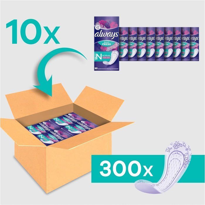 Protetores diários Daily Fresh, tamanho regular, pacote com 10 x 30 unidades, com fragrância refrescante, para que você sinta apenas frescor e proteção.