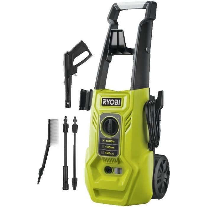 RYOBI - Nettoyeur haute pression 1600 W 130 bars - 420 L - flexible 5m, réservoir 0,9L + lances vario & turbo et brosse - RY130PWA