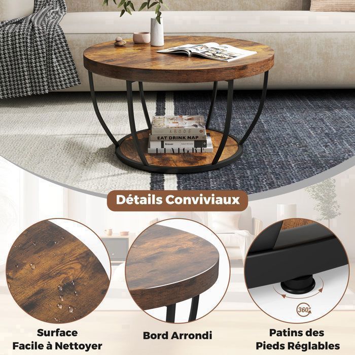 Mesa de centro COSTWAY de 80 cm y 2 niveles, estructura metálica, mesa de centro de madera, mesa auxiliar redonda para dormitorio, color marrón.