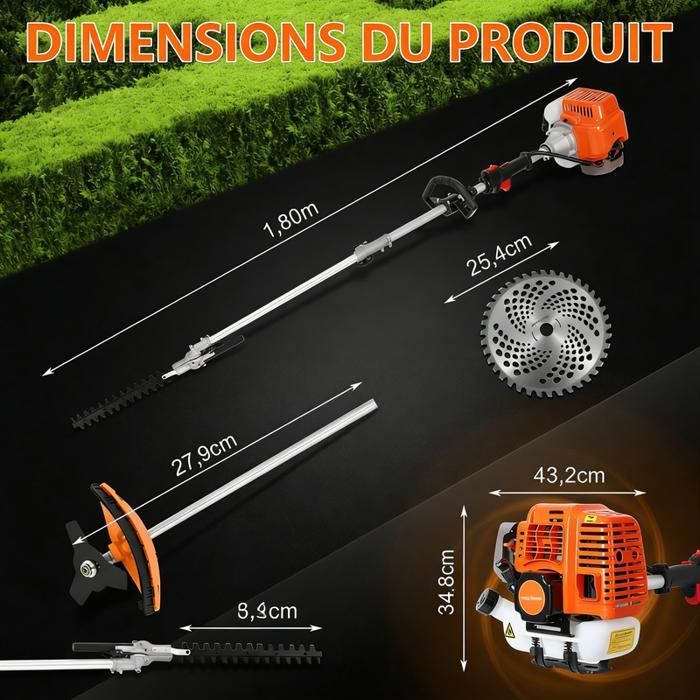 52cc benzine grastrimmer - FIANAO - Multifunctioneel - 3-tands mes - Nylon kop - Verlengstuk van 134 cm - 2-taktmotor