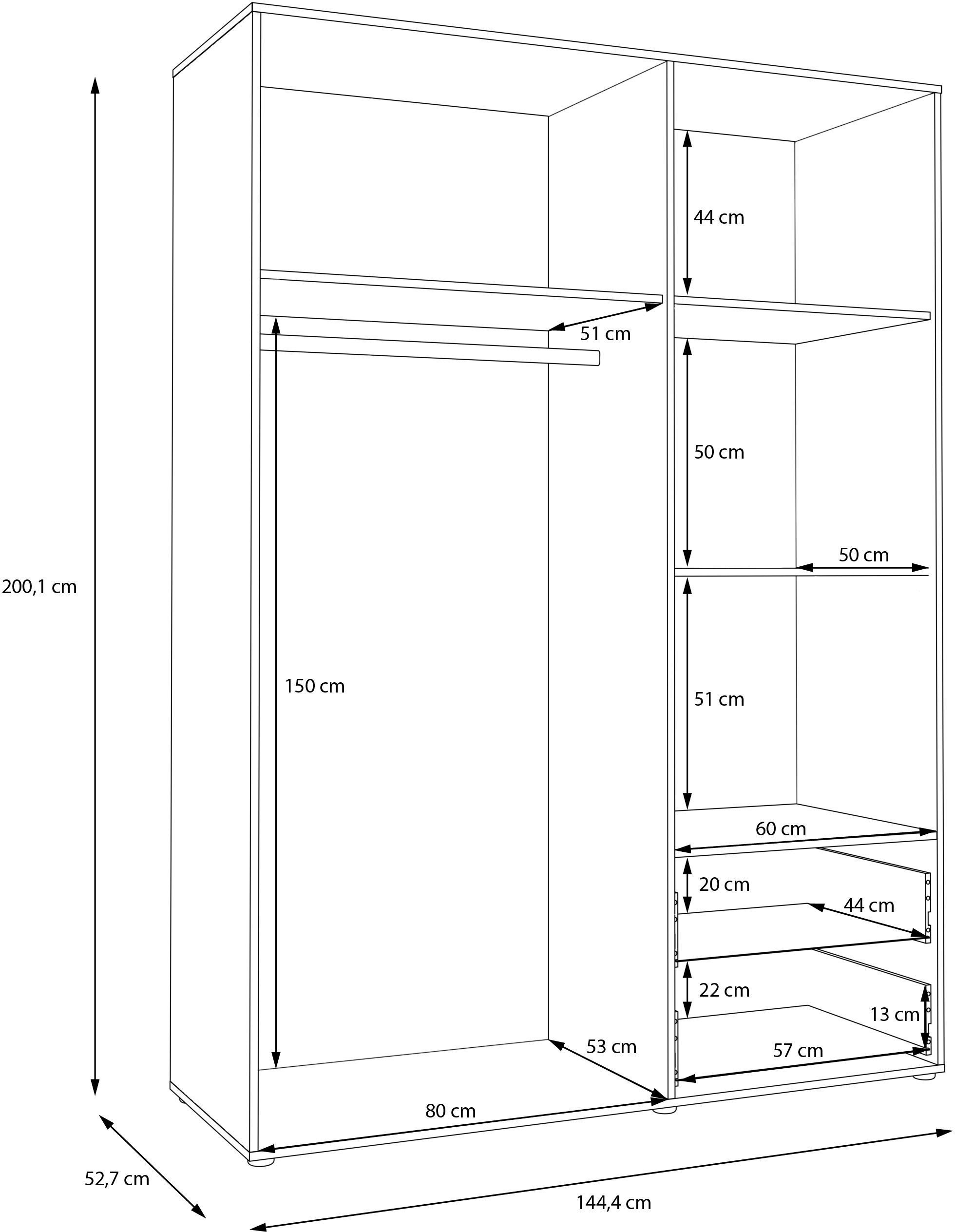 Armoire de chambre - MOKKARO - Décor Chêne et sable - 3 portes battantes - 2 tiroirs - 2 miroirs - L144,4 x P52,7 x H200cm