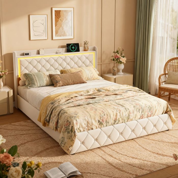 Estructura de cama, WXL, 140x190 cm, con 4 cajones, tela de terciopelo, estructura de cama 140x190 cm, Beige