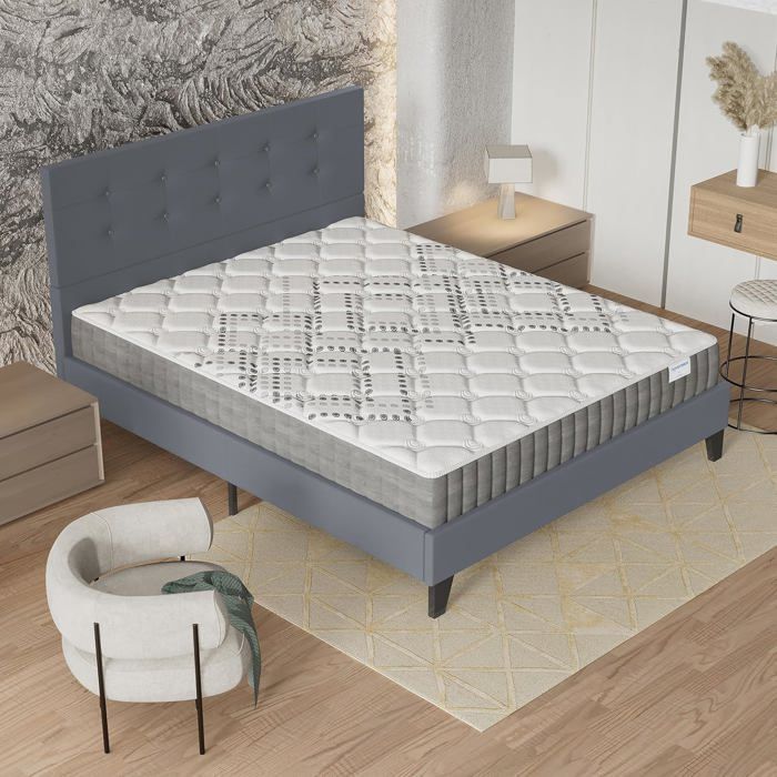 Colchón y cama (140x200cm) - Muelles ensacados Eliha de 20cm y espuma de alta densidad + Base de láminas estable y cabecero tapizado en gris