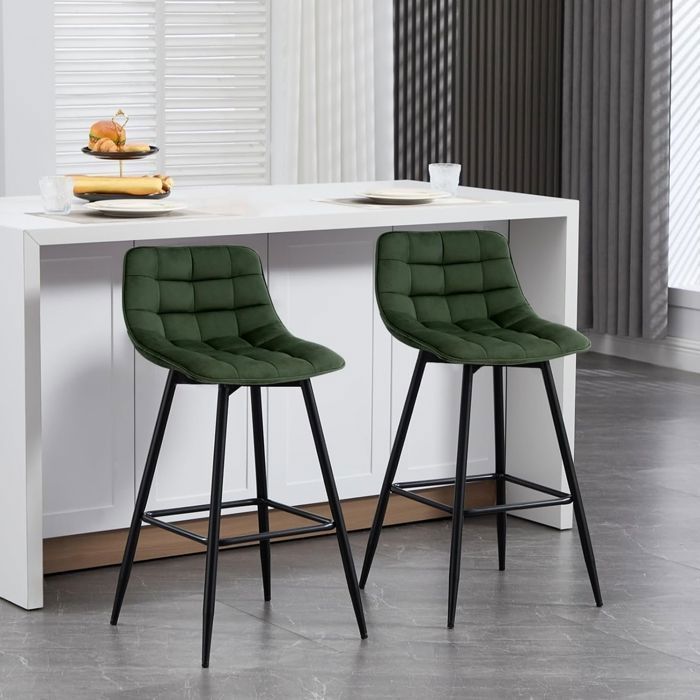 WOLTU Lot de 2 Tabourets de bar avec repose-pieds, Tabourets pour bar-bistro, Siège en velours, Pieds en métal, Vert Foncé