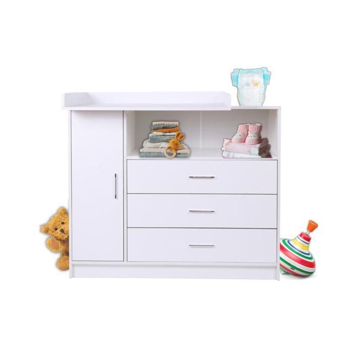 Fasciatoio in legno con superficie per il cambio, 3 cassetti, 1 anta, bianco, 113x100 cm, maniglie cromate.