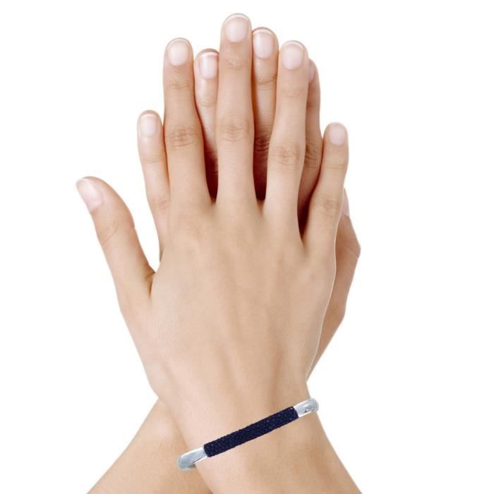 Les Poulettes Bijoux - Bracelet Mixte Demi Jonc Laiton Rhodié et Galuchat Classics - Bleu Navy