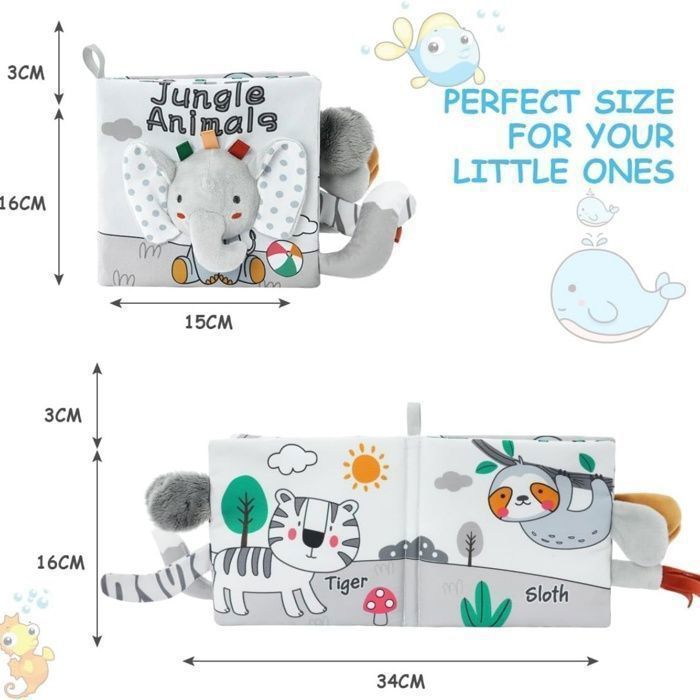 Stoffbuch für Babys, Entwicklungsbuch für Babys, Lernspielzeug für Kinder – Geschenkidee ab Geburt, weiches, knisterndes Buch mit Tieren (Elefant)