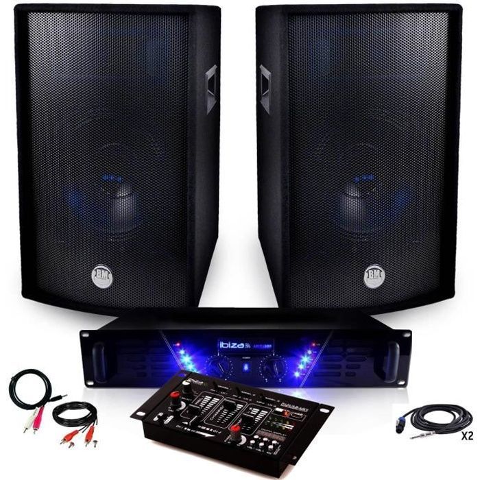 PA System Package: AMP-300 Amplifier + BMS-12 2x600W Speakers, USB Mixer + Cables