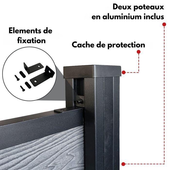 Ensemble clôture, Lames pleines, Kit complet, 1,80 m x 1,80 m, Ep =21 mm, Ash grey