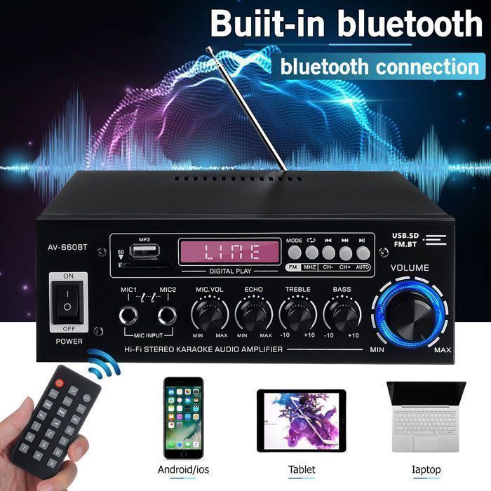 Amplificador de 2000 W con Bluetooth 5.0 integrado, amplificador estéreo digital HiFi, radio FM.