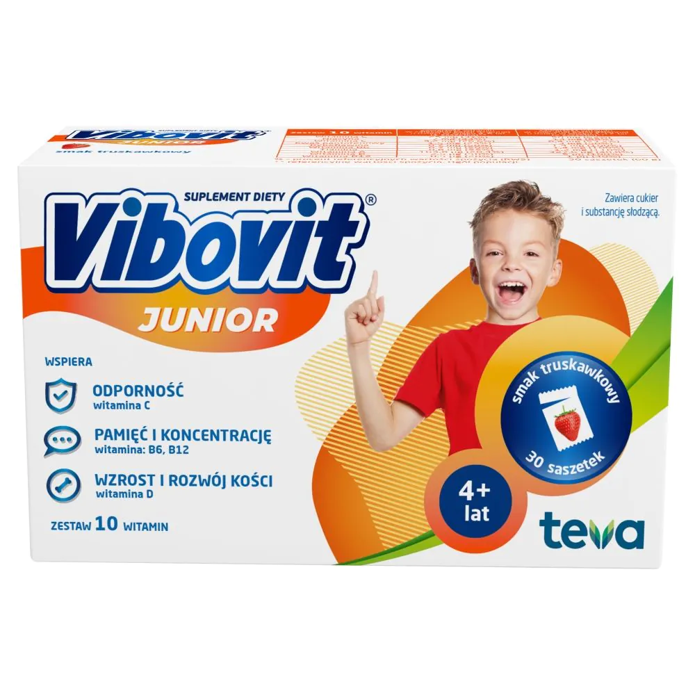 Vibovit Junior, Zestaw witamin dla dzieci od 4. roku życia, Smak truskawkowy, Saszetki
