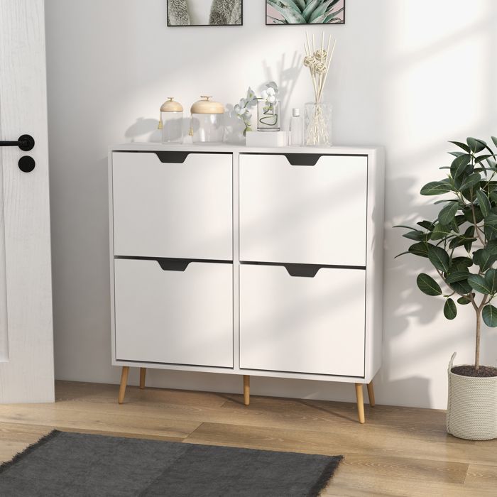 Zapatero - HOMCOM - 4 puertas abatibles - 16 pares - estante ajustable - patas de madera de pino - gran capacidad - blanco