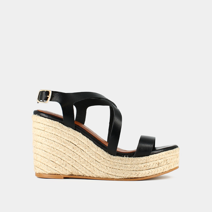 Espadrilles à brides croisées compensées  en cuir noir