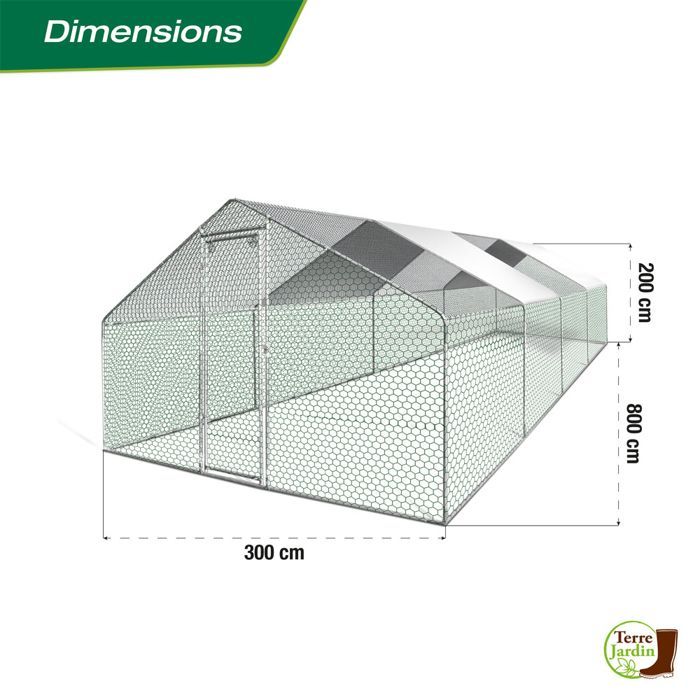 Hühnerstall/Voliere 24 m² – L 800 x B 300 x H 200 mm – verzinkter Stahl + wasserdichte, UV-beständige Abdeckung, Tür mit Schnappverschluss