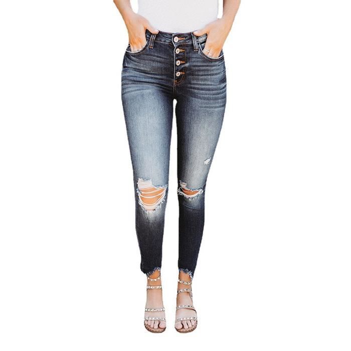 Pantalones vaqueros rotos elásticos de alta calidad FUNMOON para mujer - Tiro medio - Azul - Corte ajustado - Adulto - Mujer