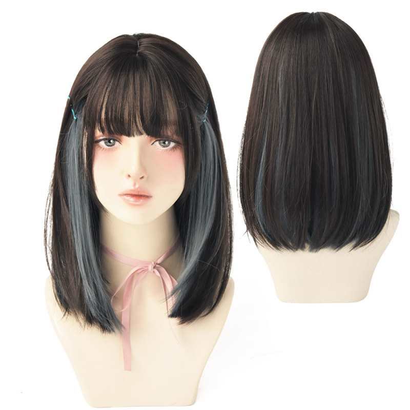 WIGSTORE 2021 New Stylish Top Black Double Colors Blue Brown Long Straight Hair For Girls Daily Wear Wig Women Cosplay Hair