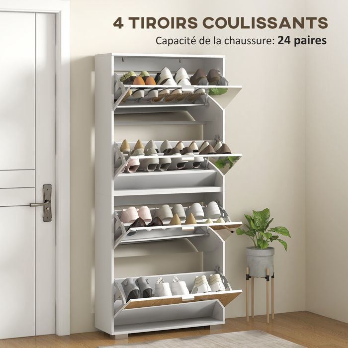 Zapatero - HOMCOM - 2 en 1 con frentes espejados, 4 puertas abatibles, estantes ajustables, capacidad para hasta 24 pares de zapatos, 76 ancho x 26 profundidad x 168 alto cm