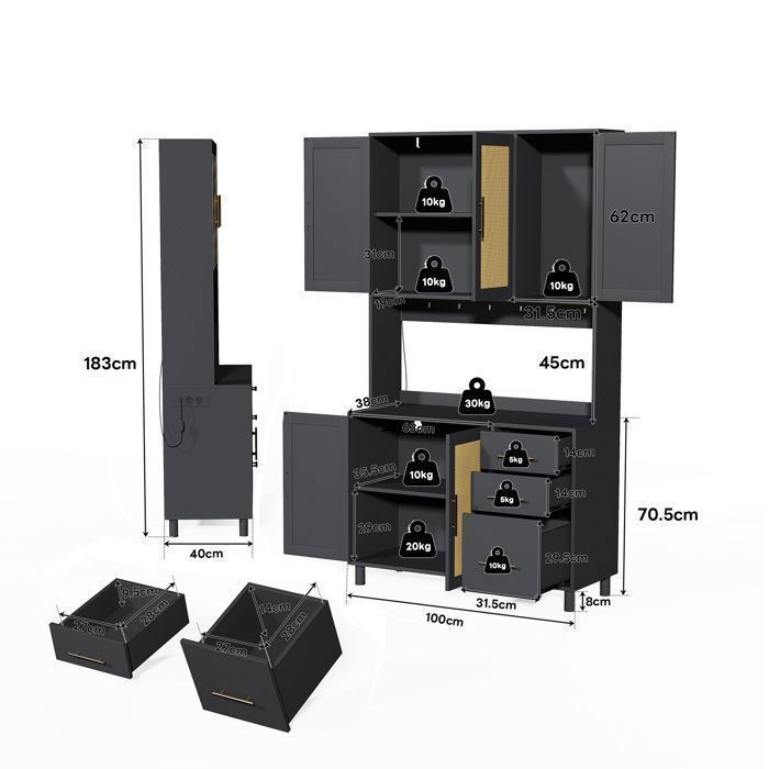 Credenza da cucina in vimini da 183 cm con illuminazione LED multicolore e porta USB, 3 cassetti, 5 ante e ripiani regolabili, colore nero.