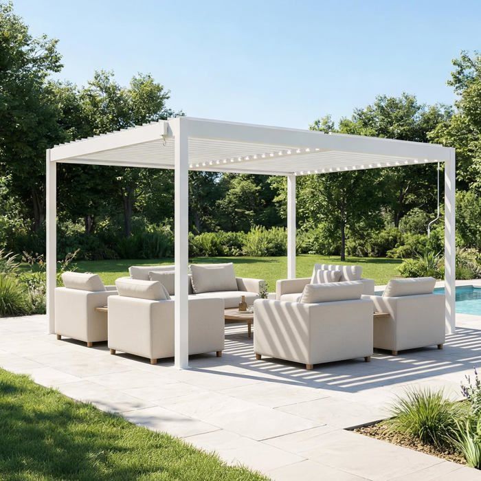 Pergola bioclimatique autoportante PIANA Cazeboo aluminium 4x3 m blanc lames orientables acier