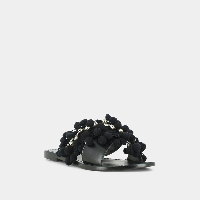 Mules à pompons et perles  en cuir et tissu noir