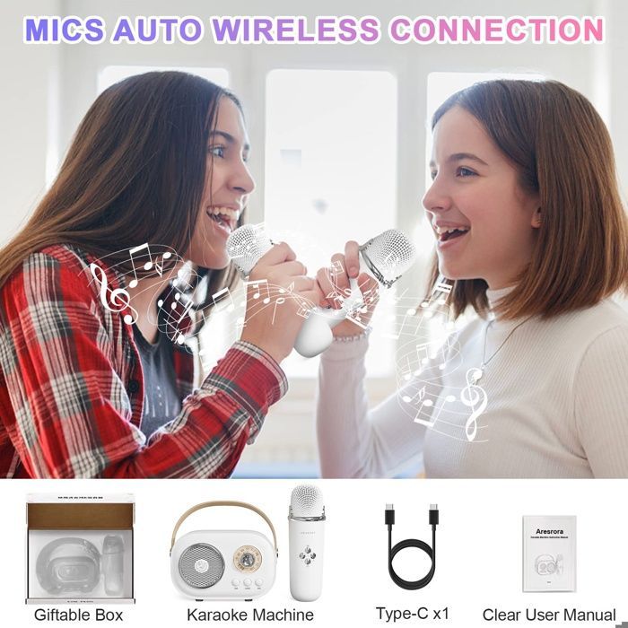 Mini karaoké mignon, Bluetooth portable avec micro, pour fêtes enfants et adultes (blanc)