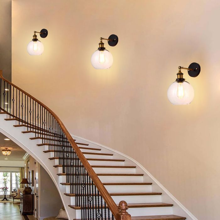 Diday, set da 2 applique industriali in vetro, lampada da parete vintage E27 con paralume rotondo in stile Edison, luce da parete regolabile a 180°