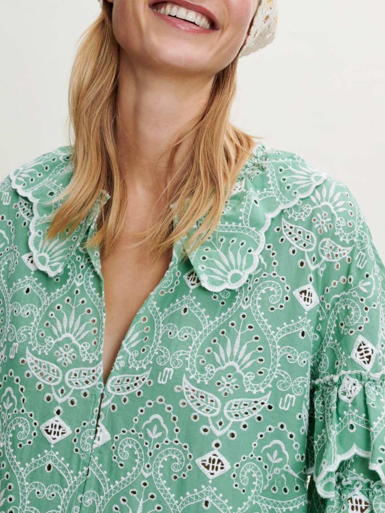 Rochie din bumbac brodată - Vert clair