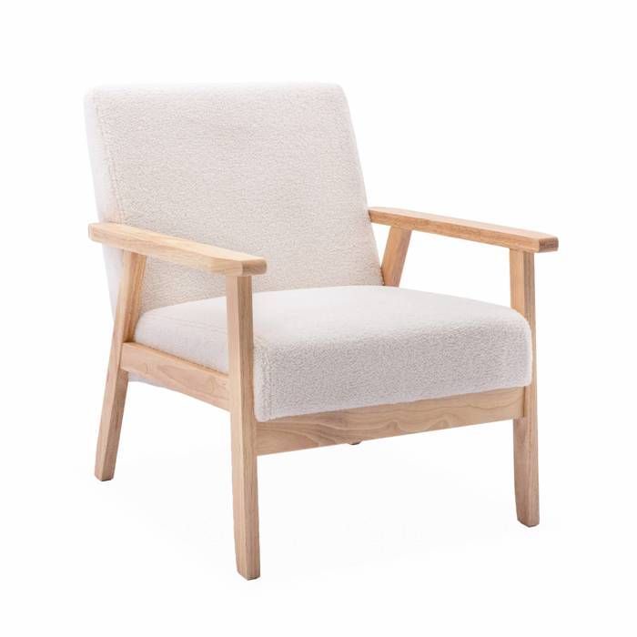 Poltrona scandinava in legno e tessuto bouclé. Isak. L 64 x P 69,5 x H 73 cm