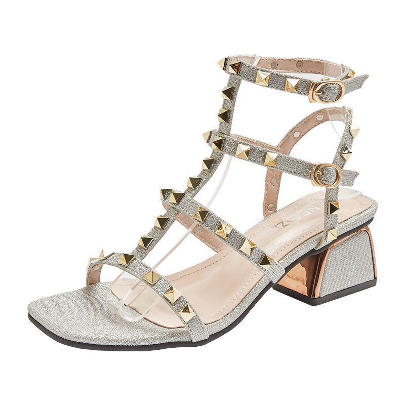 Sandálias femininas de verão com bico quadrado, salto médio bloco e strass, modelo gladiador com plataforma e tira traseira.