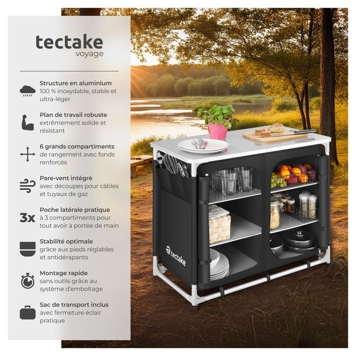 Muebles de camping - TECTAKE - Armario plegable con 6 compartimentos y bolsa de transporte incluida 97 x 47,5 x 78 cm - Negro