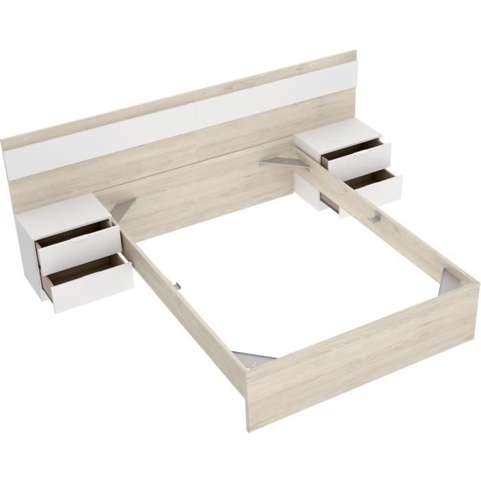 Cama adulta NIZA con mesillas de noche integradas - 140 x 190 cm - Roble natural / Blanco