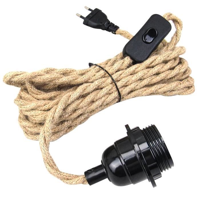 Lustre Corde de Chanvre Câble 4.5m, Douille Interrupteur avec Fil Cable Ampoule, DIY Suspension Luminaire Lampe Créative Lumière