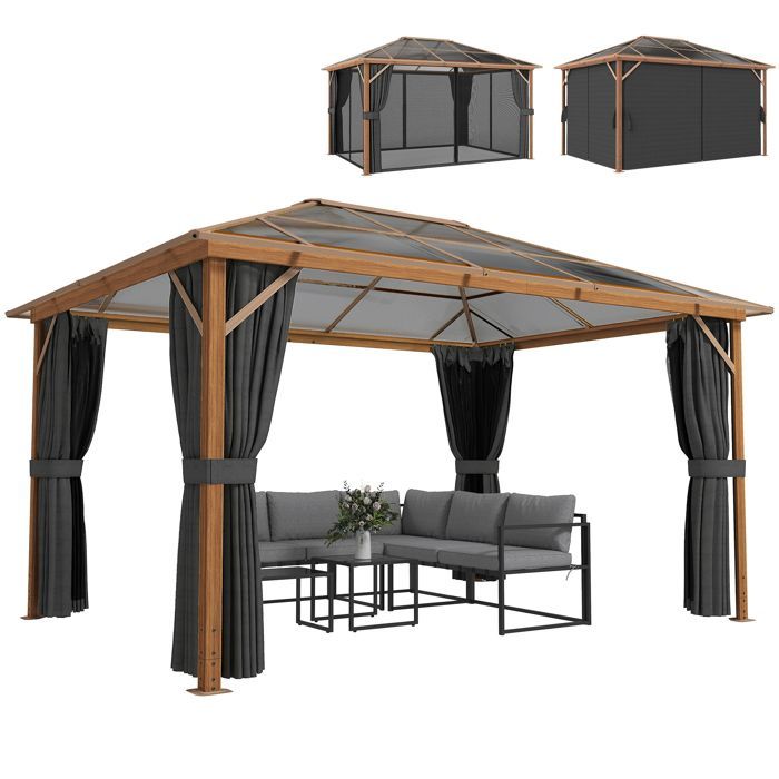 Garden gazebo - outdoor pavilion - Outsunny - wood-look rigid polycarbonate roof UV50+ - aluminum - 398x298x262cm - natural