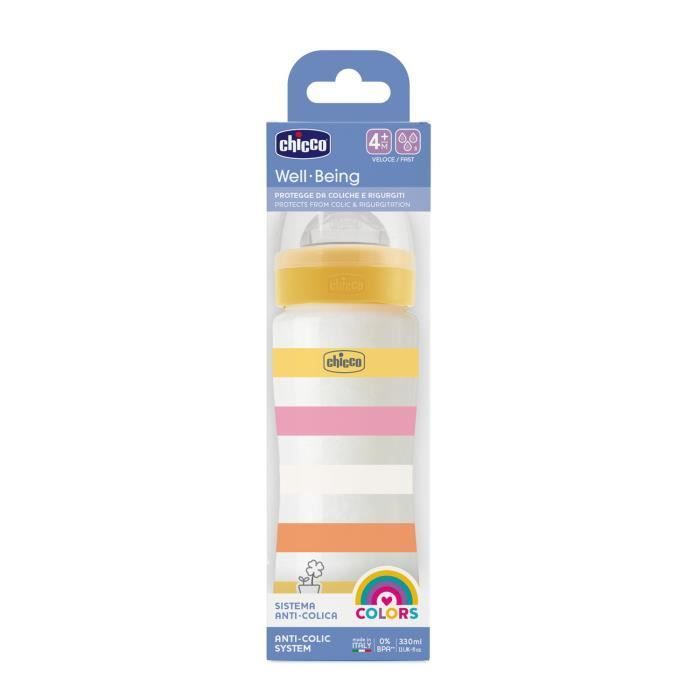 Biberón Chicco Wellbeing 330 ml - Tetina de silicona - Flujo rápido - 4 meses+ Amarillo
