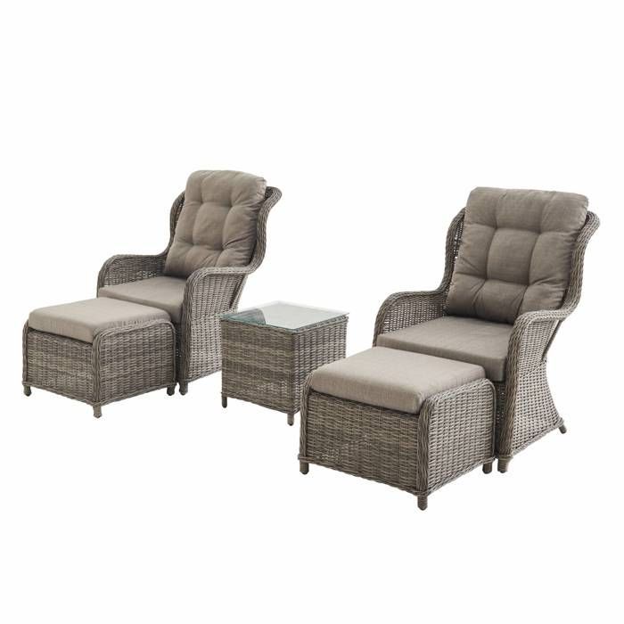 Conjunto de 2 sillones reclinables de resina tejida redondeada con reposapiés y mesa de centro - Gris Barletta - Aspecto de ratán. Cojines.