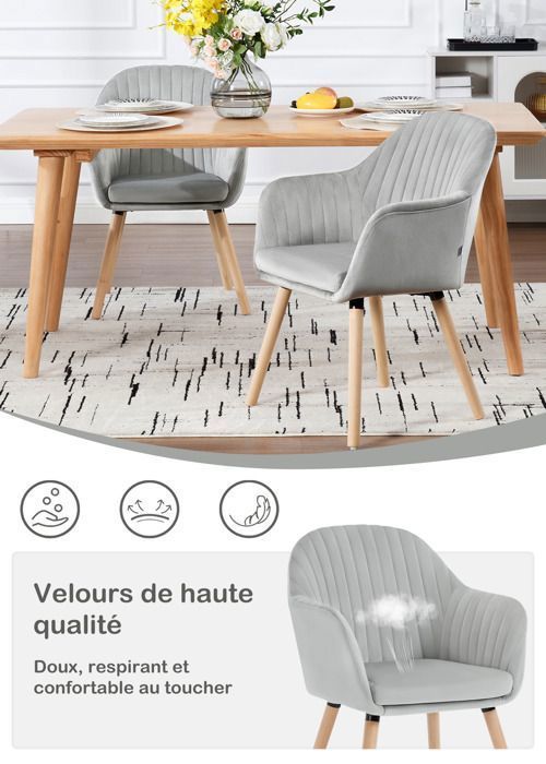 Sillas de comedor - WOLTU - Gris claro - Juego de 6 - Reposabrazos - Patas de madera maciza