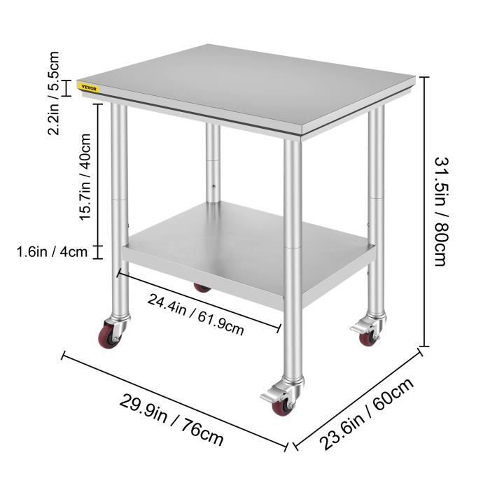 Mesa de trabajo de cocina con ruedas - VEVOR - 76x61CM en acero inoxidable - Capacidad de carga 130 kg